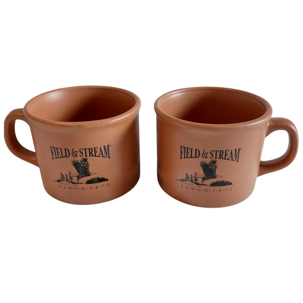 Field & Stream Outdoor Adventures Brown Stonewear Coffee Soup Mugs Cup Set